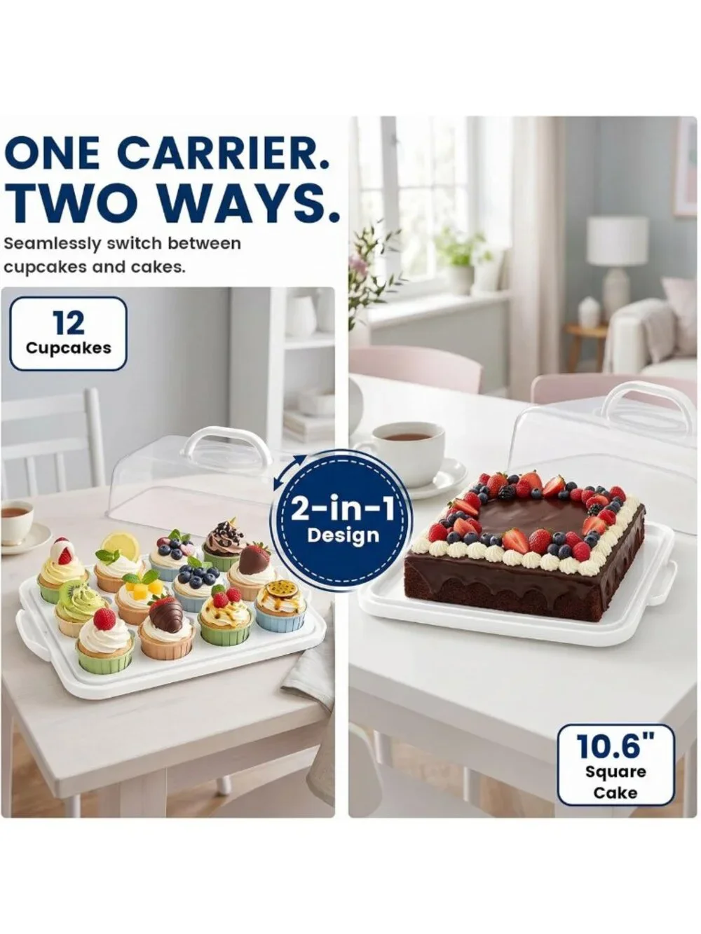 2-in-1 Cake Carrier with Lid & Handle - 12 Cup Capacity for Cupcakes, Pies